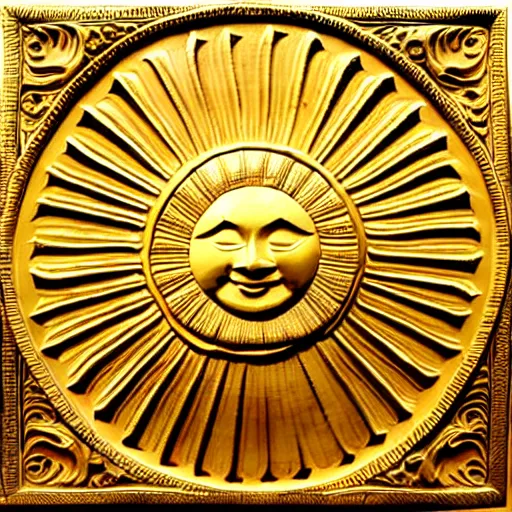 Prompt: ornate engraved carving of a sun on a gold panel