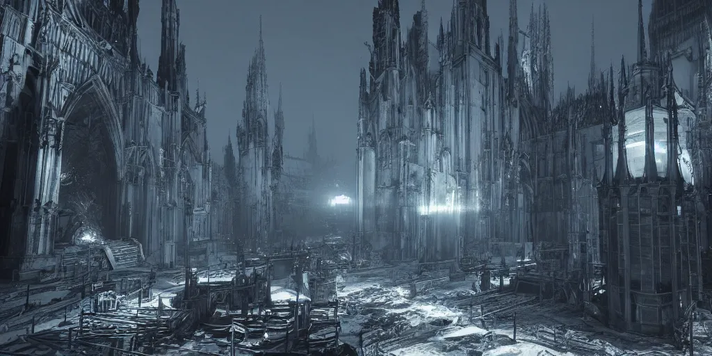 Image similar to grimdark tsutomu nihei aposimz gothic cathedral city, unreal engine, 8 k, ultra realistic, ultra detail