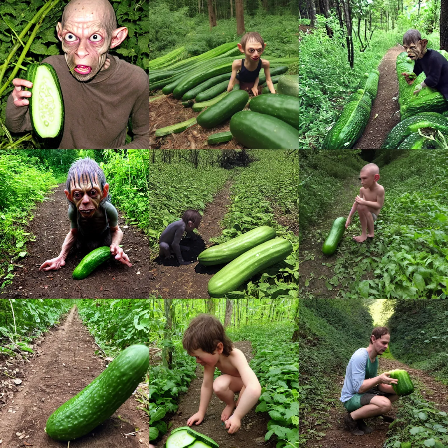 Prompt: gollum eating cucumber trail cam