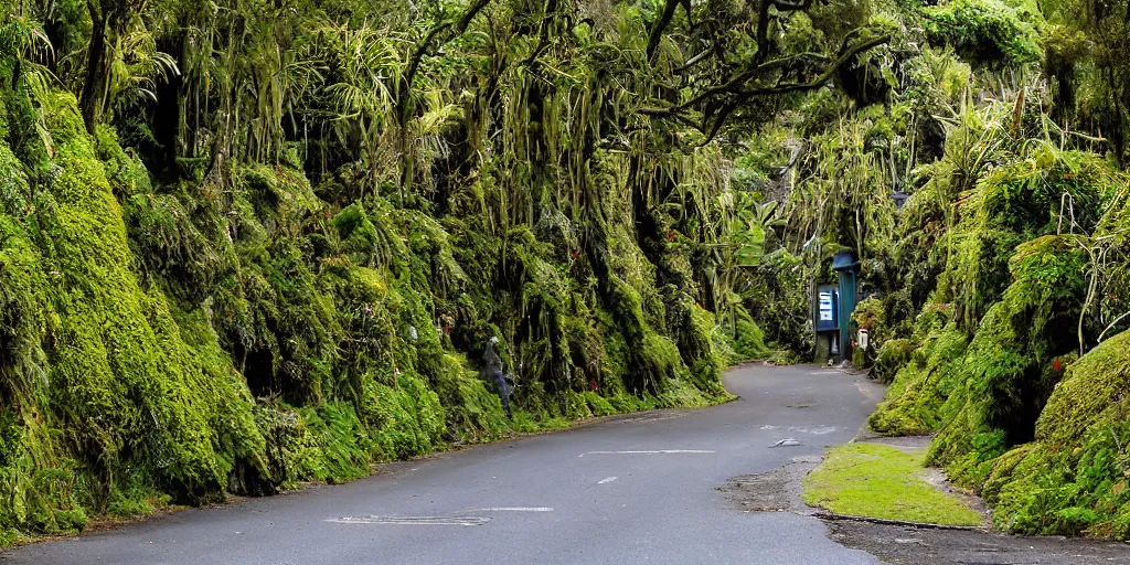 Image similar to a street in khandallah, wellington, new zealand lined by new zealand remnant ancient montane forest. podocarp, rimu, kahikatea, mountain cabbage trees, moss, vines, epiphytes, birds. windy rainy day. people walking in raincoats. 1 9 0 0's colonial cottages. harbour in the distance.