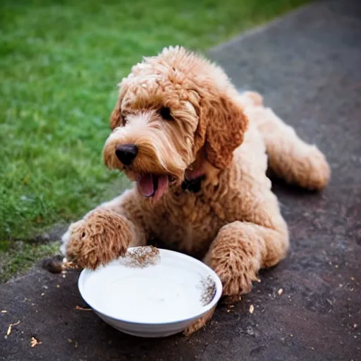 Image similar to a photograph of a goldendoodle eating dogfood, crisp