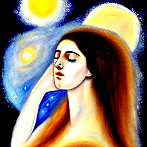 Image similar to beautiful ancient greek girl dreaming of galaxies, painting