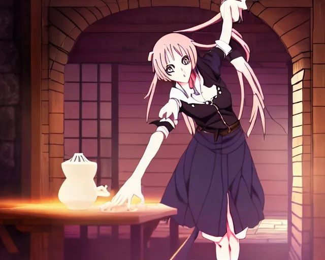 Image similar to key anime visual portrait of a young female witch in a tavern interior defending a companion, dynamic pose, dynamic perspective, cinematic, dramatic lighting.