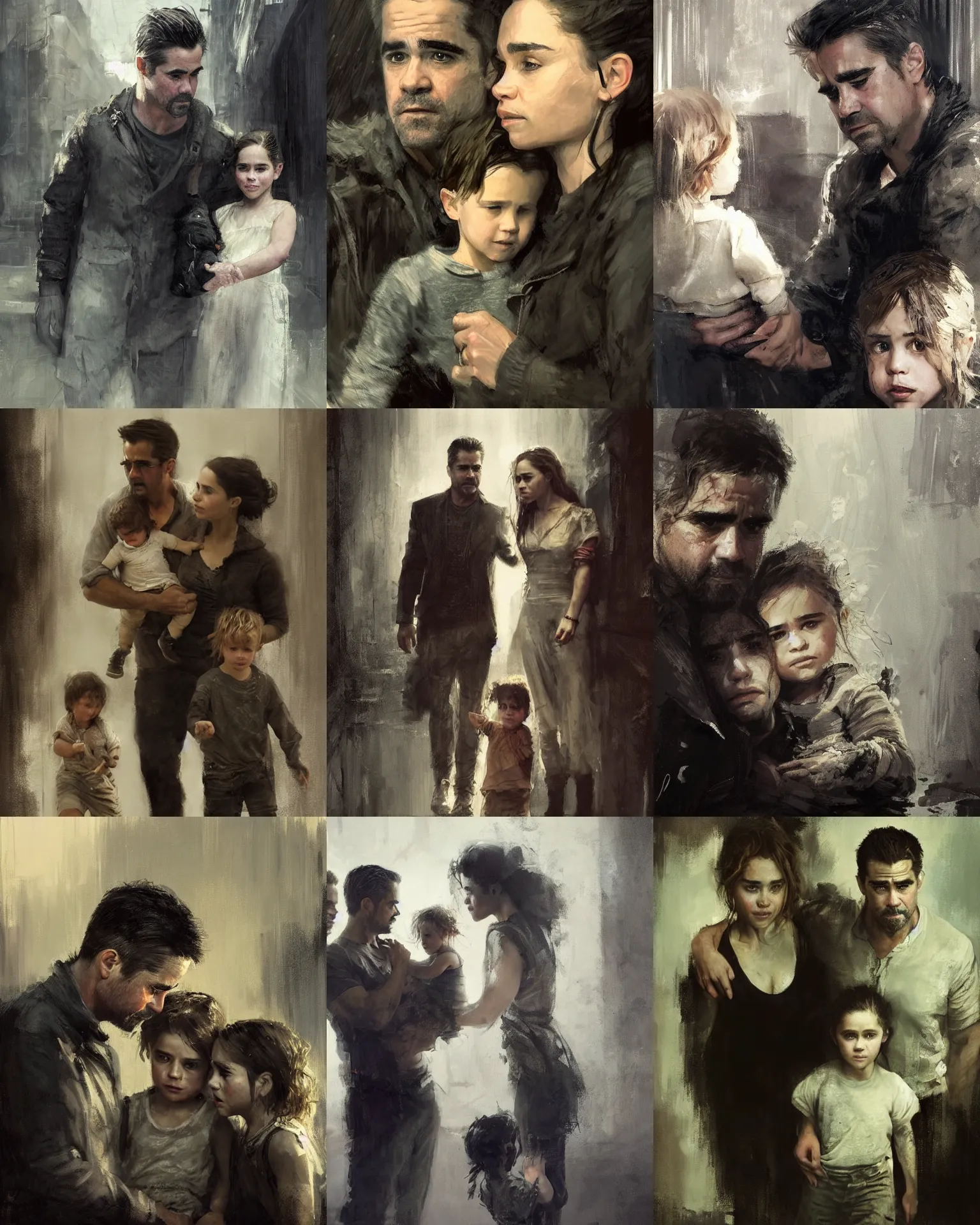 Prompt: family, colin farrell and emilia clarke with there kid, detailed face, highly detailed, by jeremy mann