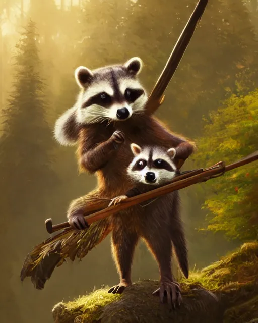 Prompt: oil painting of Anthropomorphized Racoon, holding bow, hunter coat, proud look, full body, sharp focus, fantasy style, octane render, volumetric lighting, 8k high definition, by greg rutkowski, highly detailed, trending on art Station, woodland backround