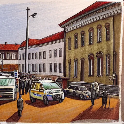 Image similar to the drawing depicts a police station in the lithuanian city of vilnius. in the foreground, a group of policemen are standing in front of the building, while in the background a busy street can be seen. indian by peter sculthorpe dismal