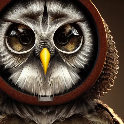 Image similar to detailed portrait of a mechanic owl, watch on his head, feathers from mechanical watch parts, in half a turn, hyper detailed, stylistic, symmetrical, 3 d render, 8 k, octane render