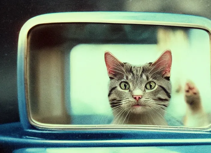 Image similar to A very high resolution image from a new movie, a cat driving a car around, inside of a car , mountains, Polaroid, directed by wes anderson