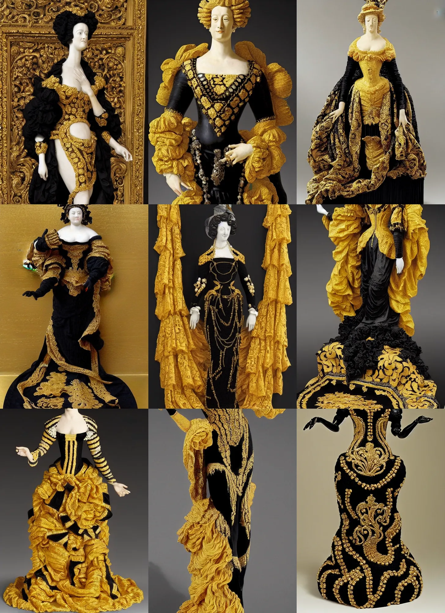 Prompt: a statue of a woman in a black and gold dress, a flemish baroque by ignacio zuloaga, trending on pinterest, baroque, flemish baroque, made of beads and yarn, ornate, sculpture by pedro roldan