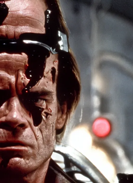 Image similar to film still of Tommy Lee Jones as The Terminator in The Terminator, 4k