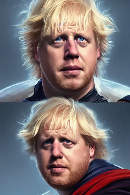 Image similar to Boris Johnson as Thor, Boris Johnson hairstyle, full body realistic portrait, highly detailed, digital painting, artstation, concept art, smooth, sharp focus, illustration, cinematic lighting, art by artgerm and greg rutkowski and alphonse mucha