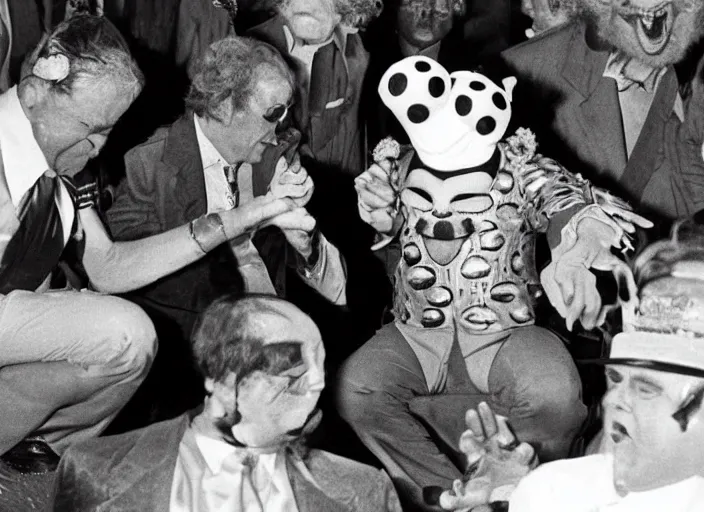 Prompt: Clown Frog King loses his life's savings, Monte Carlo 1976