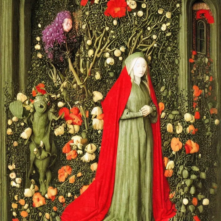 Prompt: a woman wearing a hooded cloak made of flowers holding a green-horned goblin monster, by Jan van Eyck