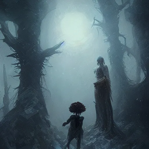 Image similar to a beautiful terrifying immense pale humanoid giant looms over a tiny human. ethereal horror fantasy art by greg rutkowski