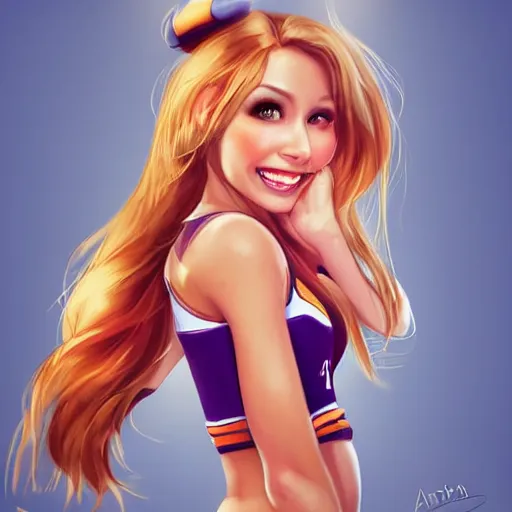 Image similar to very very very beautiful cheerleader, making eye contact, smiling, flirty, perfect body, perfect face, drawn by artgerm