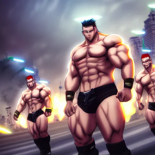 Image similar to ccp bara anime man with huge muscles in a speedo commanding an army of tanks, highly detailed, artstation, soft lights, photorealistic, octane render