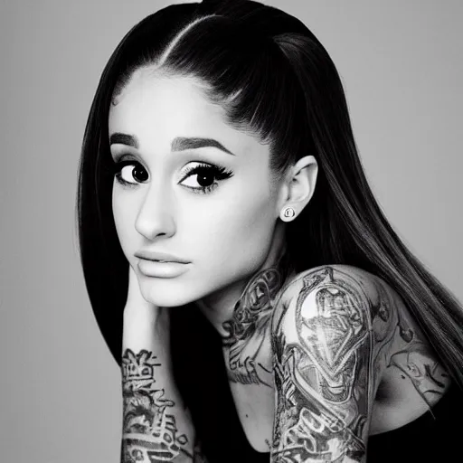 Image similar to ariana grande recursive photo beautiful ariana grande photo bw photography 130mm lens. ariana grande backstage photograph posing for magazine cover. award winning promotional photo. !!!!!COVERED IN TATTOOS!!!!! TATTED ARIANA GRANDE NECK TATTOOS. Zoomed out full body photography.