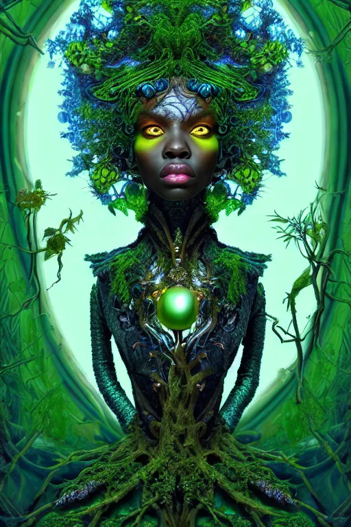 Image similar to hyperrealistic neo - baroque super expressive! black woman with exoskeleton armor, merging with tree in a forest, highly detailed digital art masterpiece smooth cam de leon hannah yata dramatic pearlescent blue green light ground angle hd 8 k sharp focus