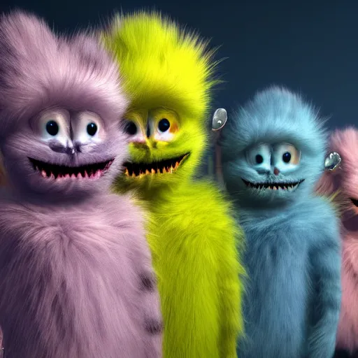 Image similar to cute colorful fuzzy alien monsters with detailed striped fur, in the style of maurice sendak, detailed high quality realistic 3 d render unreal engine, 4 k