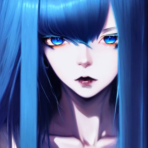 Image similar to attractive long blue - haired girl with bangs gothic anime character with amber eyes, noir, screenshot, anime, sharp focus, intricate, illustration, cell shaded, digital painting, highly detailed, concept art, matte, art by ilya kuvshinov, wlop, and greg rutkowski, studio quality, james jean, artem demura