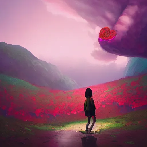 Image similar to giant cherry flower as a head, girl walking in a canyon, surreal photography, sunrise, dramatic light, impressionist painting, colorful clouds, digital painting, artstation, simon stalenhag