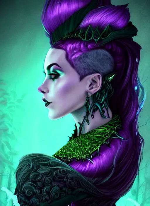 Image similar to side portrait dark queen, witch outfit large cloak, fantasy forest landscape, dragon scales, fantasy magic, undercut hairstyle, short purple black fade hair!!!!!!, dark light night, intricate, elegant, sharp focus, illustration, highly detailed!!!!!!!, digital painting, concept art, green neon smoke, matte painting, art by WLOP and Artgerm and Greg Rutkowski and Alphonse Mucha, masterpiece