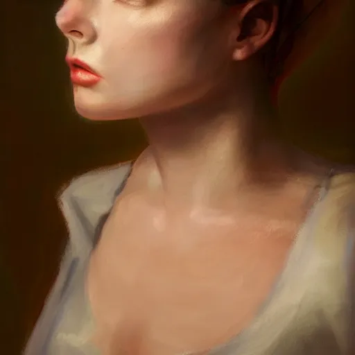 Prompt: a young woman, dramatic lighting, chiaroscuro, high detail, painted by j. p. targete, trending on artstation