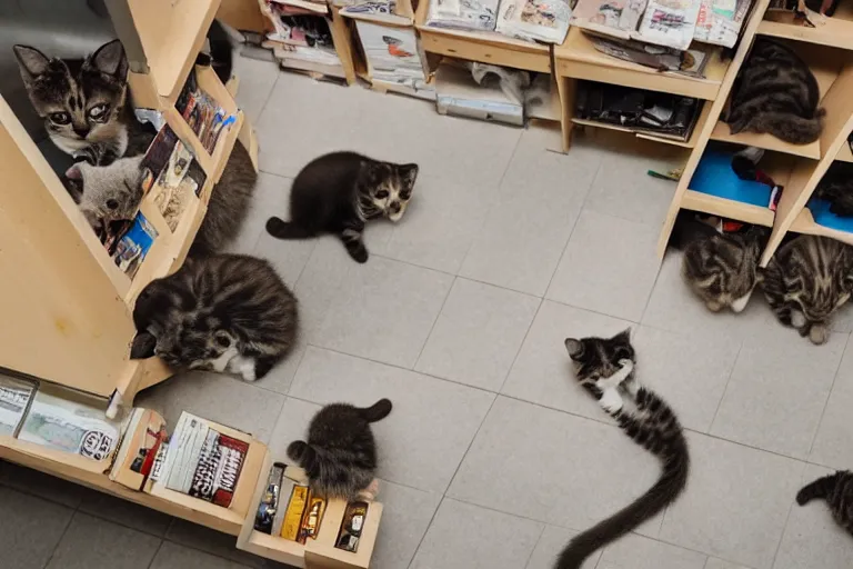 Prompt: overhead view, surveillance, empty store with some kittens sitting on the floor looking directly at the focal point of the camera