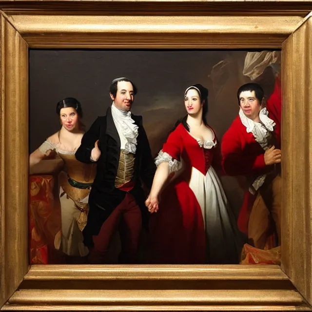 Prompt: portrait of lin manuel miranda and phillipa soo, oil painting by john trumbull and charles willson peale and john singleton copley and benjamin west and gilbert stuart