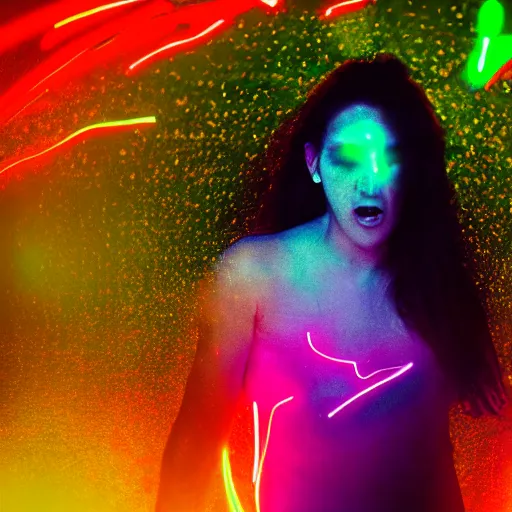 Prompt: portrait of a random woman having an orgasm eyes close, colorized neon lights, explosion of light, hyperealistic detailed photography, 5 0 mm lens, motion blur, grainy image