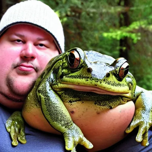 Image similar to fat man holding worlds largest fat frog which is screaming