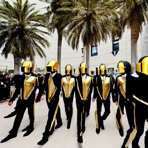 Image similar to a photo of a parade of people dressed in Daft Punk Helmets and Daft Punk Suits, 8k, dramatic lighting