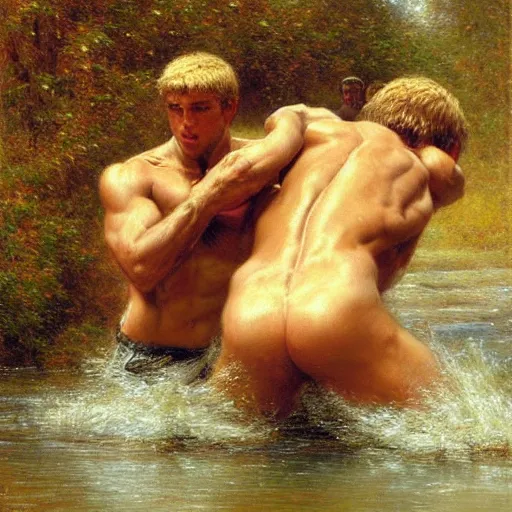 Image similar to young shepherds wrestling by a river, playful, male, muscular, detailed face, gorgeous, amazing, muscular, intricate, highly detailed, painting by Gaston Bussiere, Craig Mullins