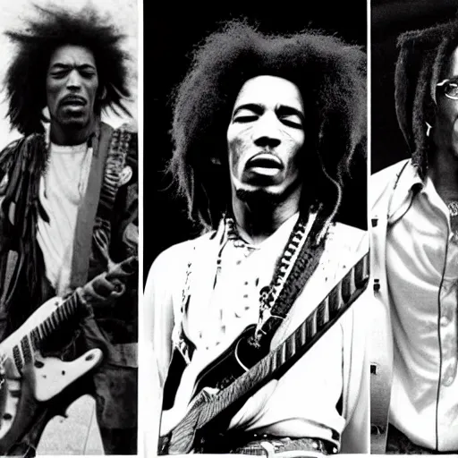 Prompt: Jimi Hendrix, Malcom X and Bob Marley