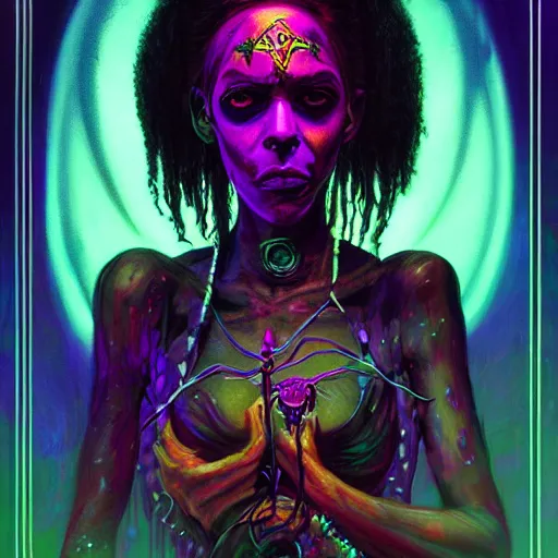 Prompt: a death tarot featuring a haitian voodoo priestess with menacing eyes, blacklight neon colors, by anton semenov and android jones in cyberpunk voodoo style, oil on canvas, 8k