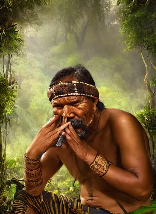 Image similar to a beautiful portrait of an indigenous man sitting in the jungle, surrounded by smoke, smoking a pipe, praying with tobacco, mysterious atmosphere, fantasy art, matte painting, highly detailed