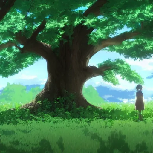 Image similar to big white whale flying near giant tree in the green field, anime, HD,