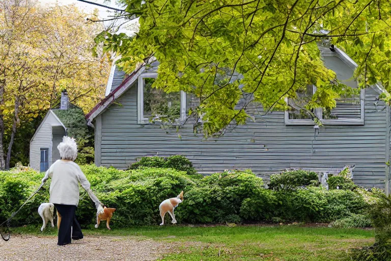 Image similar to the old lady across the street is walking her three tiny white dogs on leashes. she is sour and dour, and angry. she is looking down. she has gray hair. she is wearing a long gray cardigan and dark pants. green house in background. large norway maple tree in foreground. view through window.