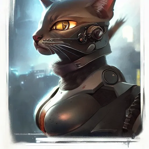 Image similar to epic cyborg cat, portrait, highly detailed, digital painting, trending on artstation, concept art, sharp focus, illustration, art by artgerm and greg rutkowski and magali villeneuv