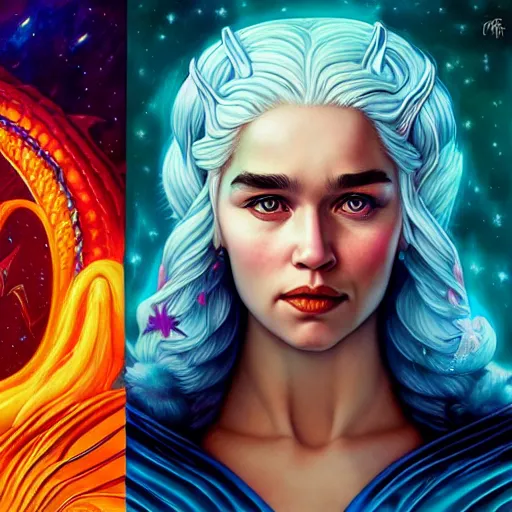 Prompt: cosmic lofi daenerys targaryen portrait, queen of dragons, fire flaming serpent, Pixar style, by Tristan Eaton Stanley Artgerm and Tom Bagshaw.