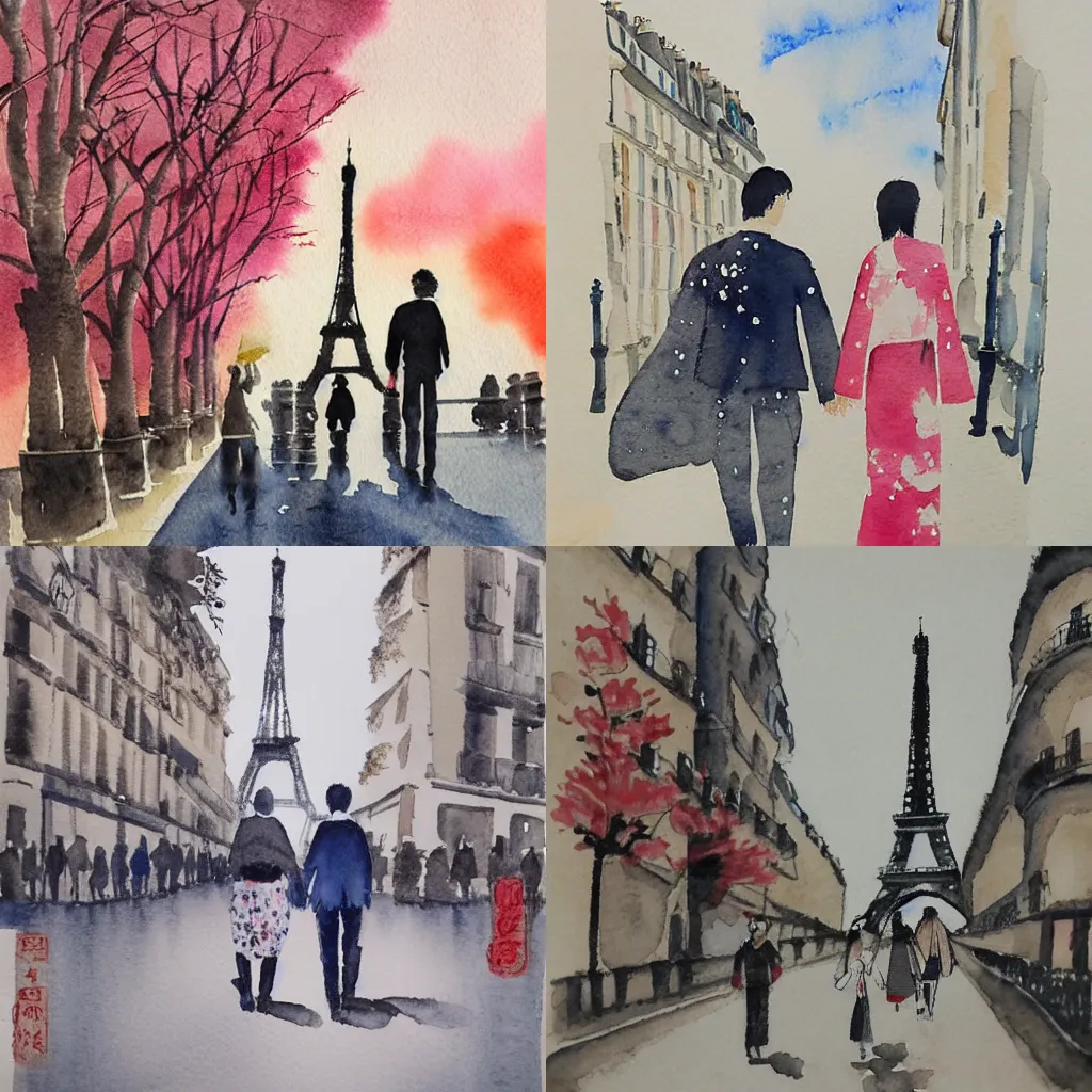 Prompt: Japanese watercolor painting of a couple holding hands walking in the streets of Paris, view on the Eiffel tower