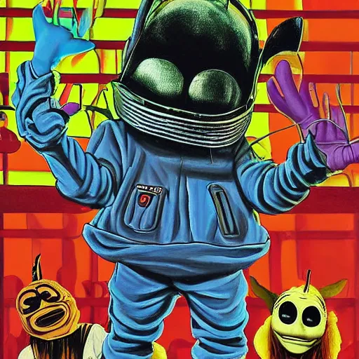 Image similar to beautiful lifelike painting of mf doom performing with slipknot and the teletubbies, hyperreal detailed facial features and uv lighting, art by ed roth and basil wolverton