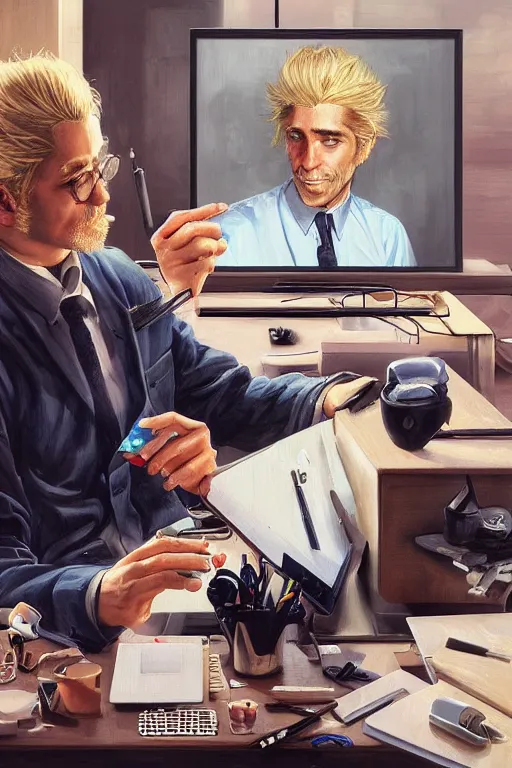 Image similar to painting of a middle aged austrian man with blonde hair sitting at his work desk with ten smartphones turned on, by artgerm and yoshitaka amano, trending on artstation