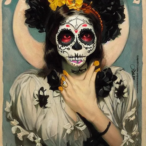 Image similar to Poster art of a cute Día de los Muertos girl by J. C. Leyendecker