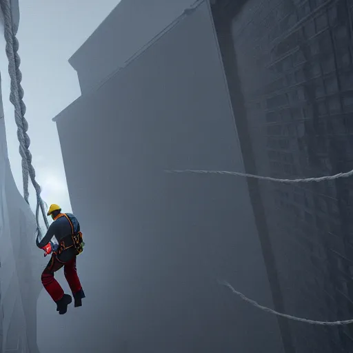Image similar to rope access technician, extreme cold, cloudy weather, octane render, volumetric lightning hyperrealism, no blur, 4 k resolution, ultra detailed