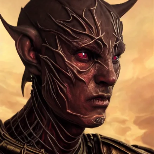 Image similar to hyperrealistic mixed media image of demon daedric prince from skyrim, dark complexion, stunning 3 d render inspired art by greg rutkowski and xiang duan and thomas eakes, perfect facial symmetry, flesh texture, realistic, highly detailed attributes and atmosphere, dim volumetric cinematic lighting, 8 k octane detailed render, post - processing, masterpiece,