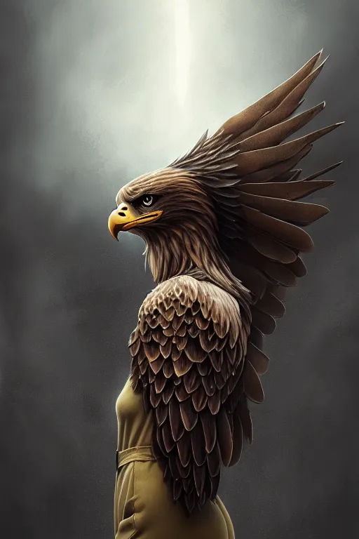 Image similar to epic professional digital art of female anthropomorphic eagle wearing air force jumpsuit, painting, by leesha hannigan, iris van herpen, artstation, cgsociety, wlop, epic, much wow, much detail, gorgeous, detailed, cinematic, masterpiece