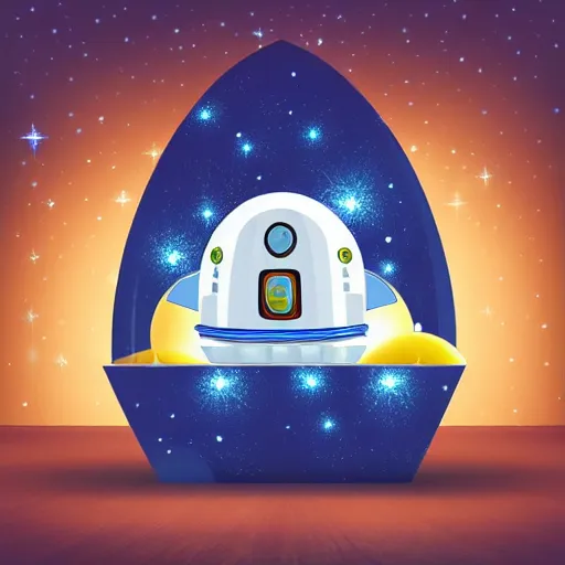 Image similar to a cute space rocket made of shiny plastic and aluminium - professional photo studio - dark bleu background - vignette