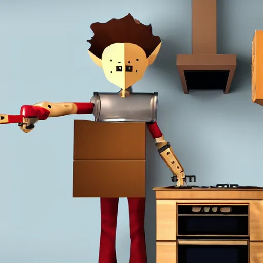 Image similar to cardboard boxman with cardboard armor, wielding a cardboard sword inside a kitchen, cabinets, stove