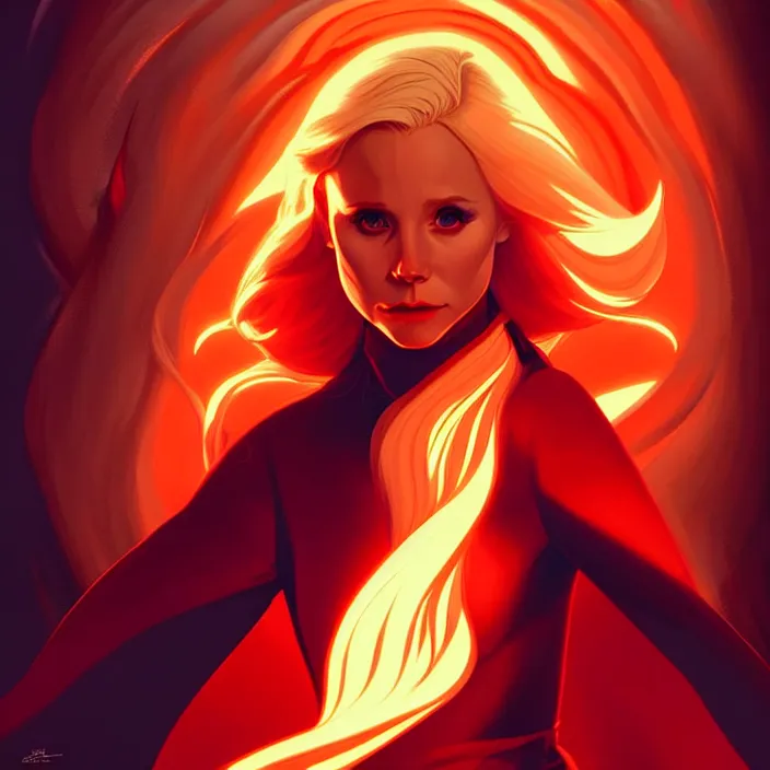 Image similar to style artgerm, joshua middleton, beautiful kristen bell with dark red dress, very long orange hair, symmetrical face, symmetrical eyes, fire powers fire swirling, detailed, volcano setting, cinematic lighting